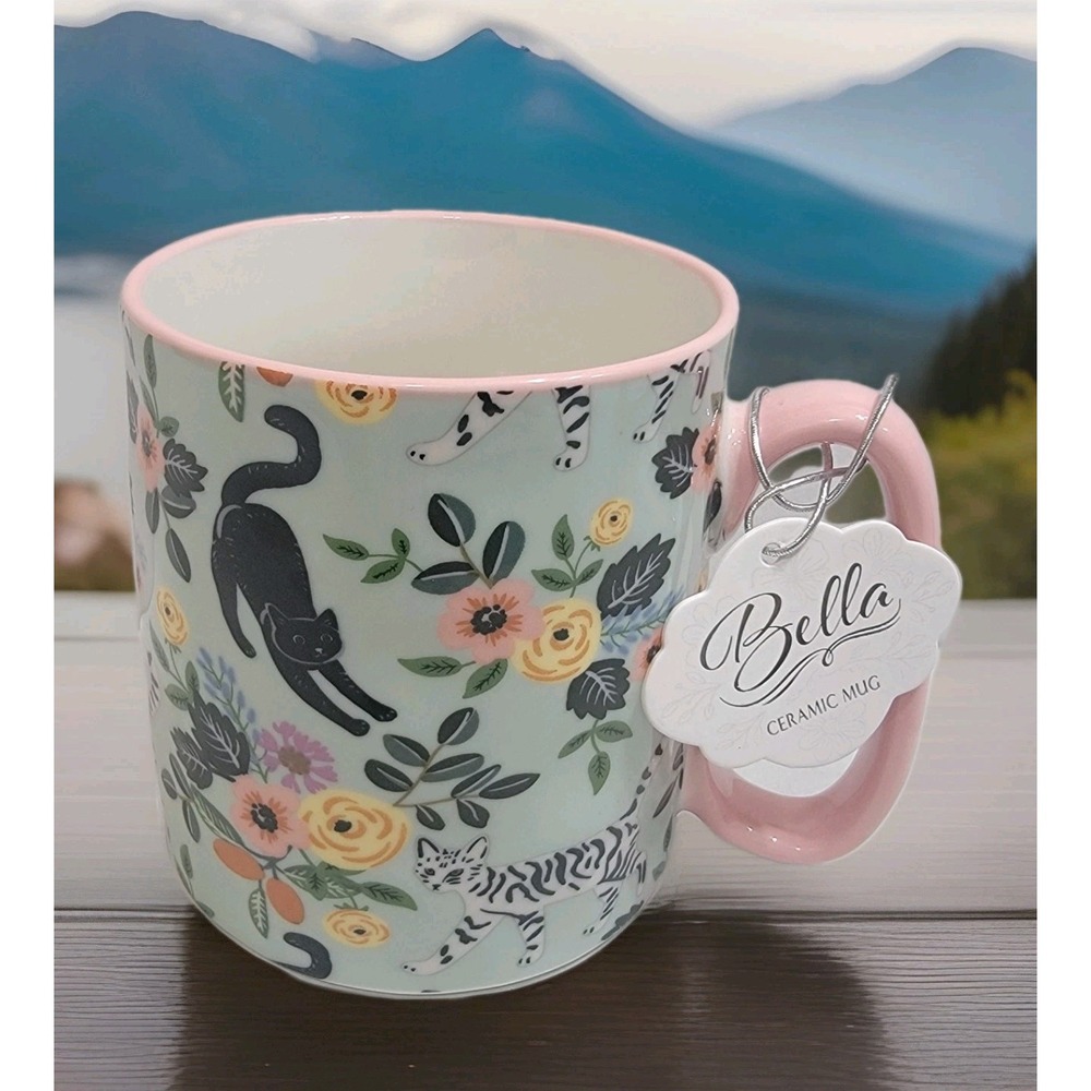Cats & Florals Bella Ceramic Coffee Mug 10 Strawberry‎ Street Hammered Texture